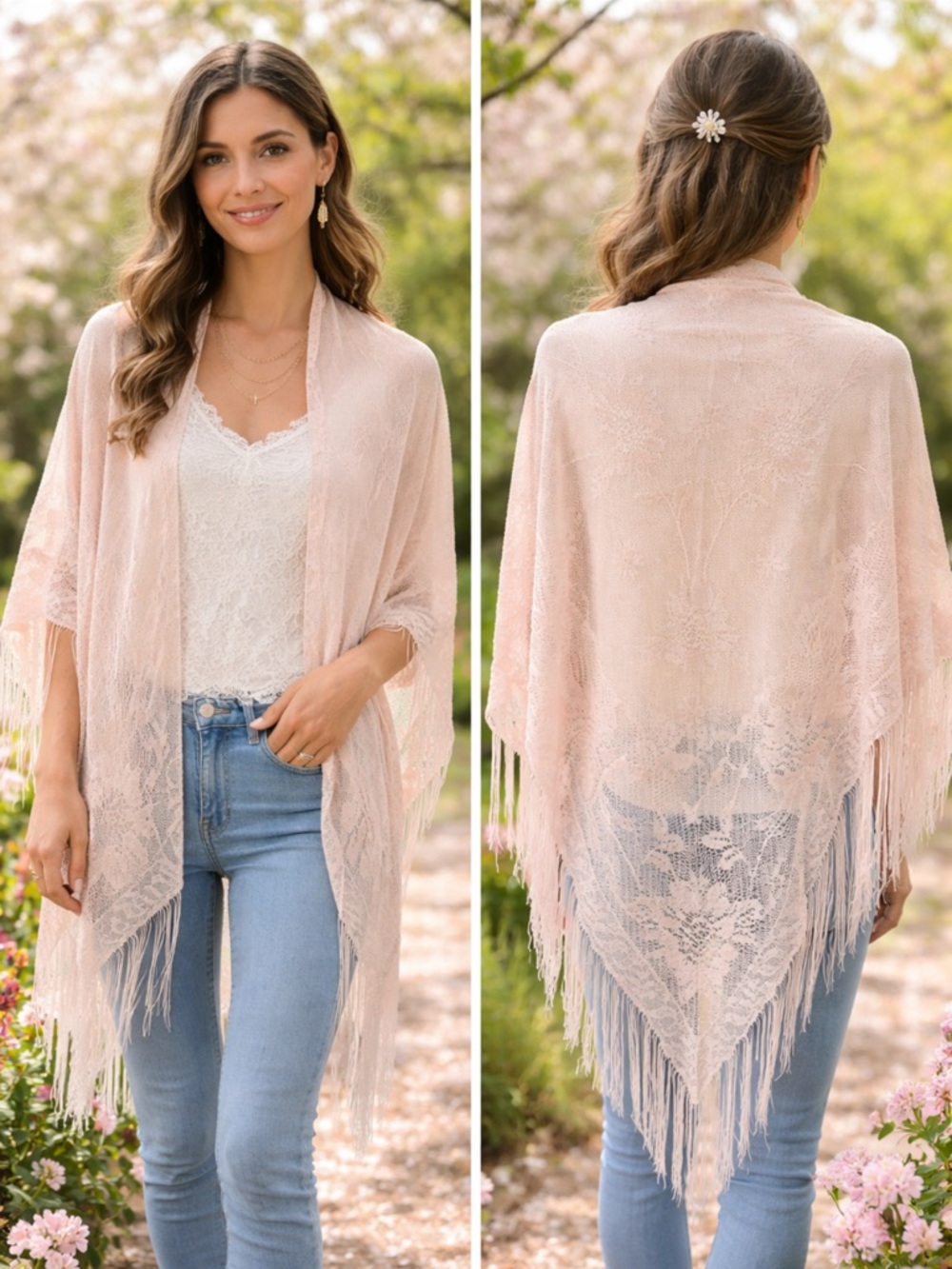 Vintage Light Pink Lace Fringed Shawl Wrap